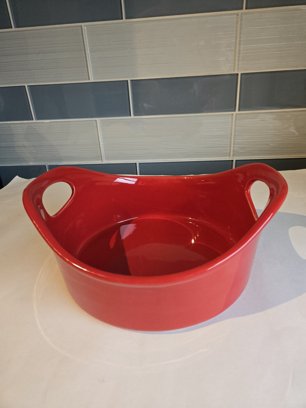 Rachael Ray Glossy Red Ceramic Serving Bowl with Built-In Handles